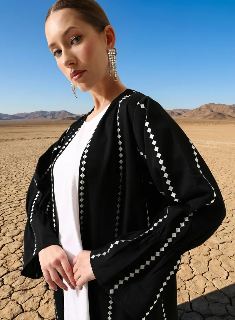Ishin black Black thread embroidered Abaya with Hijab for Women | Best Price UAE